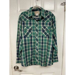 Wrangler Western Fashion Men's Sze XL Pearl Snap Green  Plaid Long Sleeve Shirt